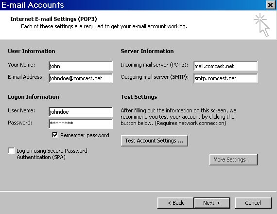 comcast pop3 email settings outlook 2003